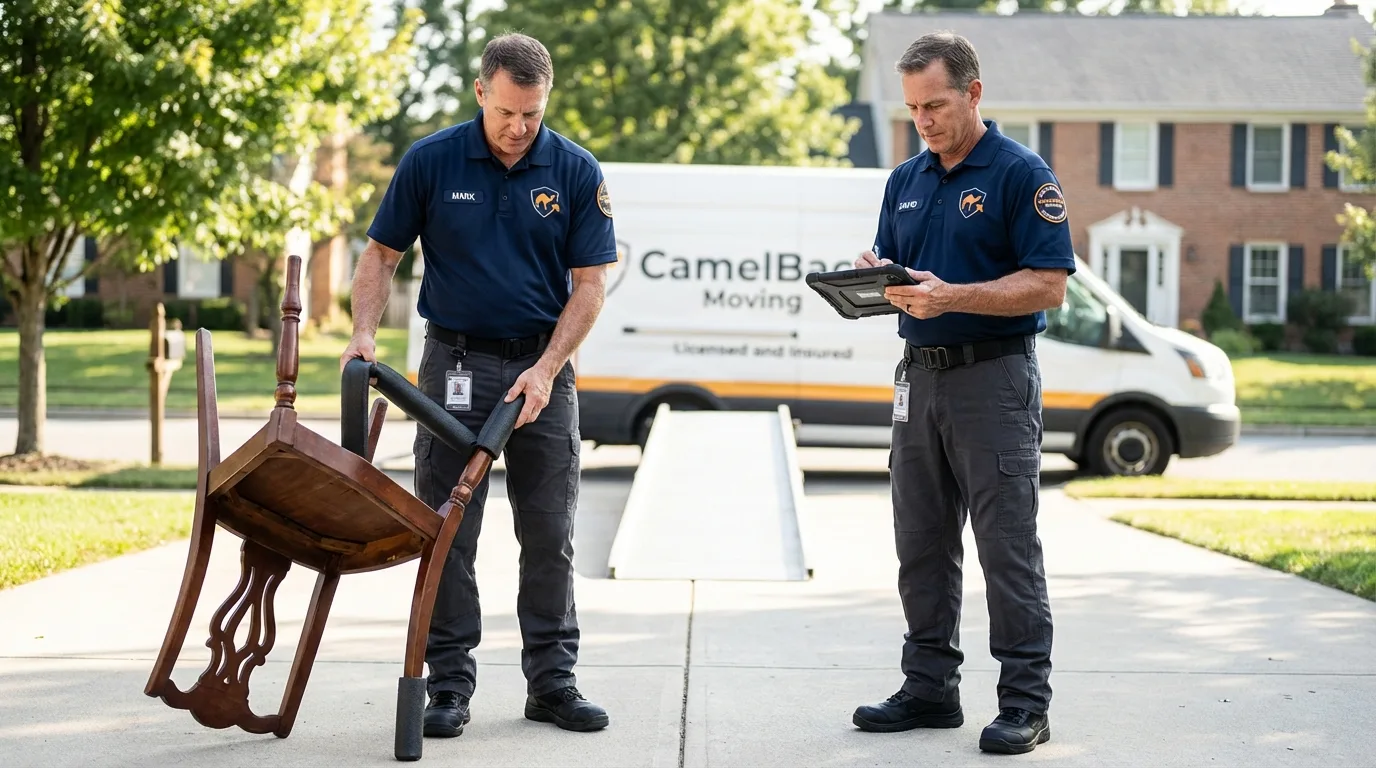 Movers inspecting furniture for damage prevention before loading in Saint Bonaventure, NY