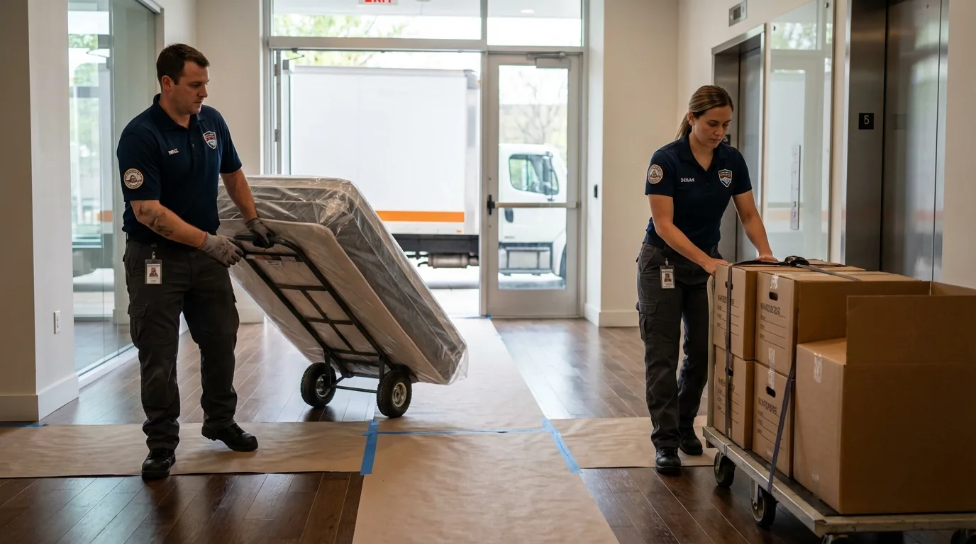 Professional apartment movers loading elevator in Saint Bonaventure, NY