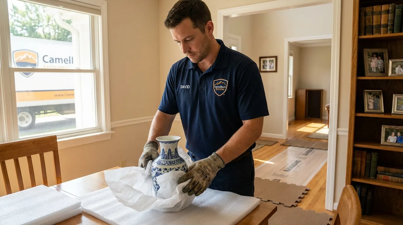Professional crew carefully wrapping antique vase for senior downsizing move in Saint Bonaventure, NY