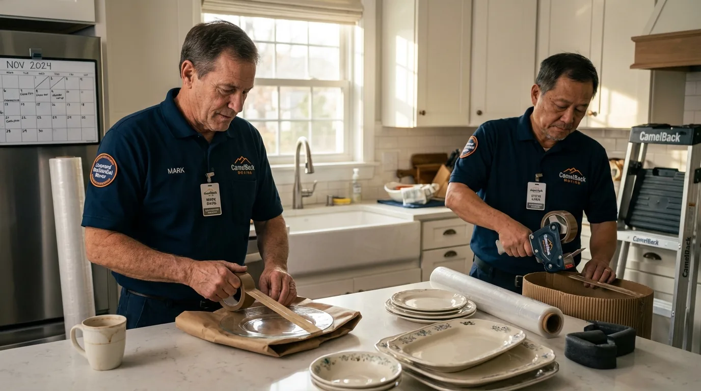 Professional crew packing kitchen dishware in Saint Bonaventure, NY